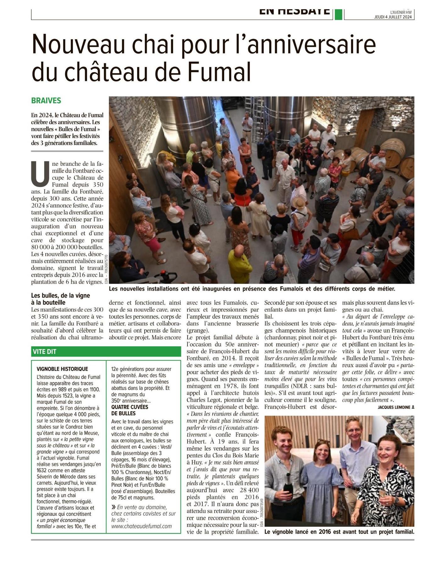 Inauguration du Chai, 350 ans de la Famille au Château de Fumal